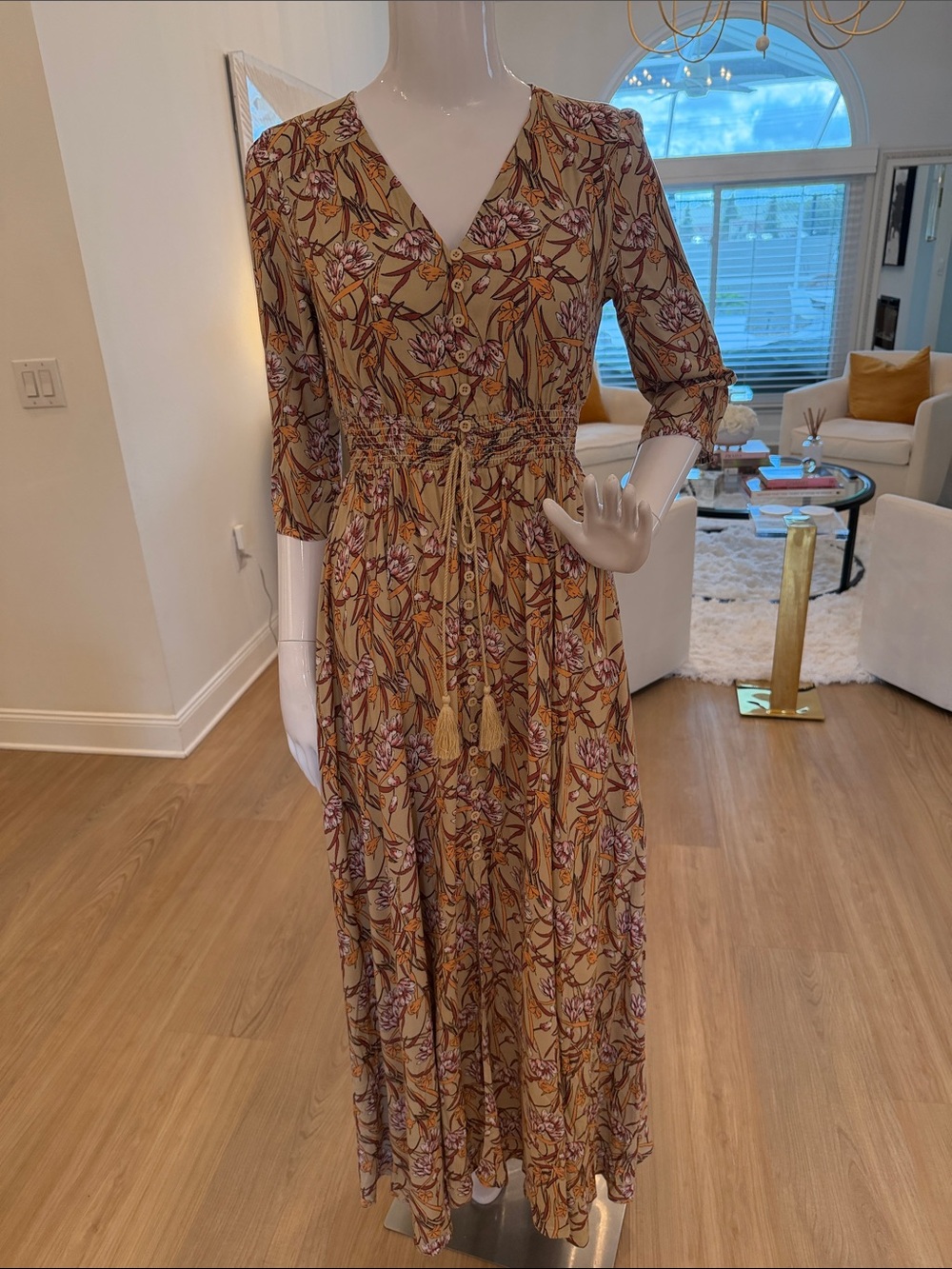 Floral V-Neck Midi Dress in Sand